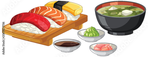 Obraz na plátně Japanese Sushi Set with Miso Soup and Condiments Vector Illustration