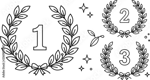Laurel wreath award line icon set with rank numbers one two three winner champion linear vector illustration layout