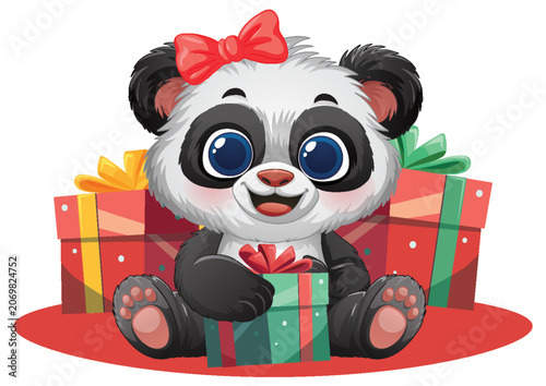 Cute Cartoon Panda Girl Sitting with Colorful Christmas Gift Boxes