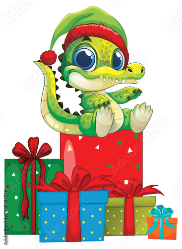 Cute Cartoon Baby Crocodile Wearing Santa Hat Sitting on Christmas Gifts