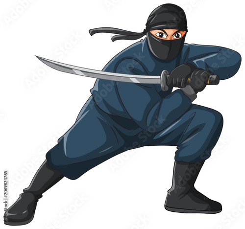 Foto Ninja Warrior in Crouching Stance Holding a Sharp Katana Sword