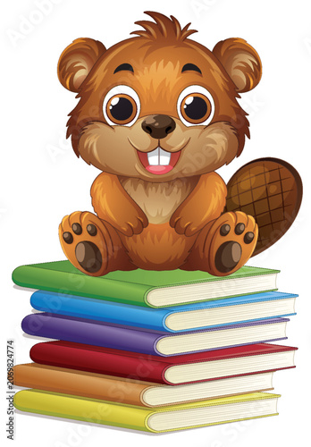 Cute Cartoon Beaver Sitting on a Stack of Colorful Books