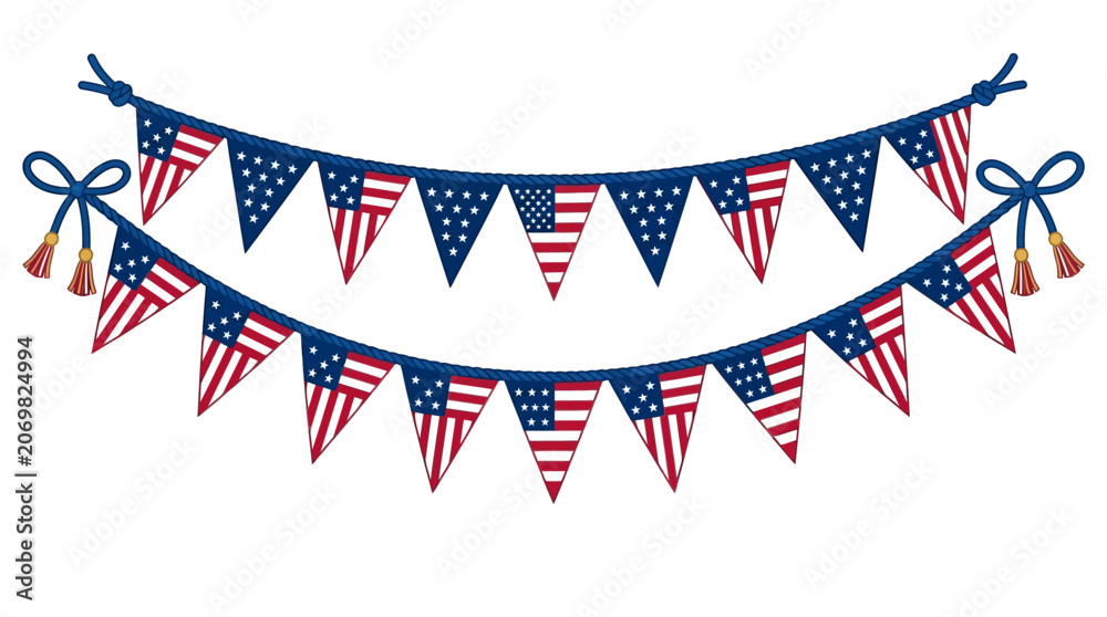 Fototapeta premium American flag bunting, patriotic pennant garland, USA flags, festive decorations isolated on White Background