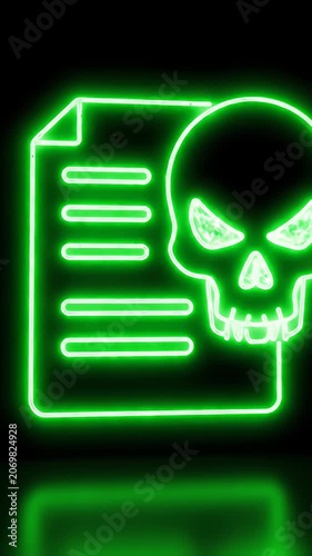 Glow green skull malware icon on digital file.