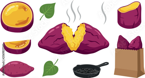 Foto Baked Sweet Potato Vector Set Featuring Hot Steaming Roasted Yams Slices Leaves