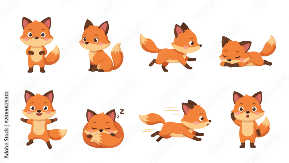 Fototapeta premium Cute cartoon foxes in playful poses with different actions Vector