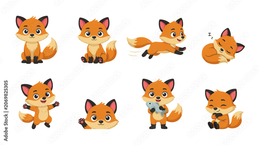 Fototapeta premium Colorful cartoon foxes in playful poses with autumn leaves Vector