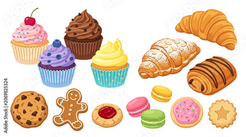 A variety of sweet baked goods including cupcakes and cookies are displayed.