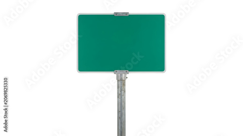 A blank green rectangular road sign mounted on a gray metal pole, isolated on a solid black background, ready for custom text insertion isolated on a transparent background