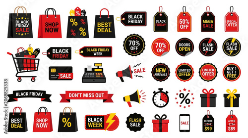 Various sale signs and shopping icons displayed on a surface