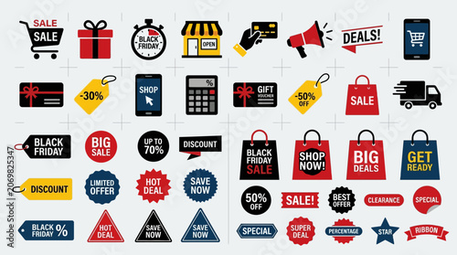 A collection of various sale and shopping icons displayed on a surface.