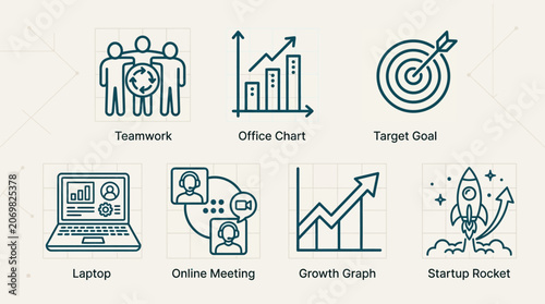 Business professionals collaborate on a growth strategy with charts and laptops in a modern office.