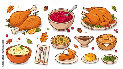 A traditional Thanksgiving feast with roasted turkeys vegetables and desserts on a table indoors.