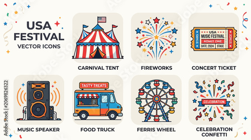 Vibrant USA festival icons display various celebration elements outdoors