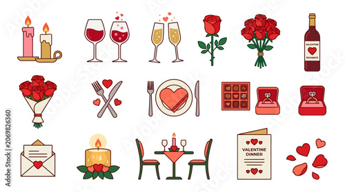 A romantic dinner setup with wine glasses candles and roses on table
