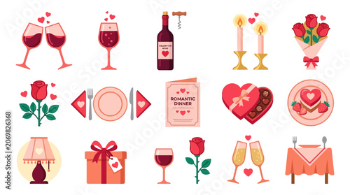 A romantic dinner setup with wine glasses, roses, and chocolates on a table indoors.