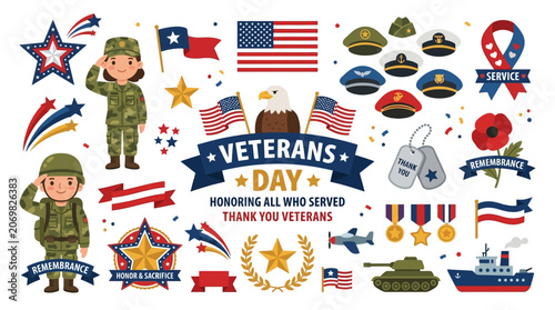 Veterans Day celebration with soldiers, flags, and military symbols