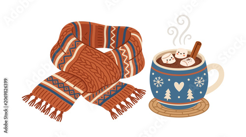 A steaming mug of hot chocolate sits beside a cozy scarf on a winter morning.