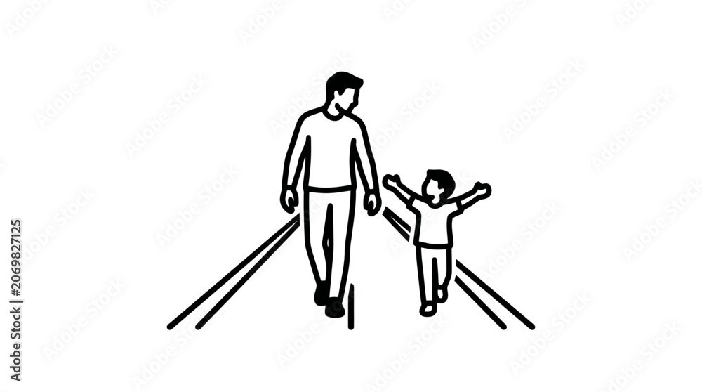 Naklejka premium father and son walking on railroad tracks.