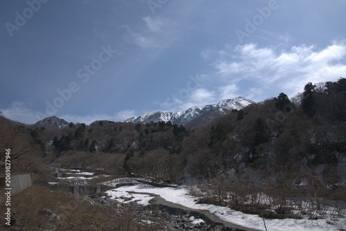 Snowy mountain river valley in spring, Japan