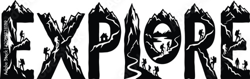 Explore adventure word with mountain climbers