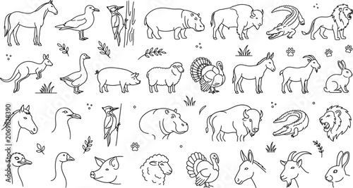 Photography Wild farm and safari animals vector line art mega icon set featuring lion hippo