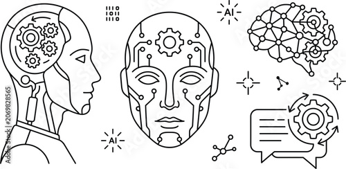 Canvas-taulu Artificial intelligence line icon set with robot face humanoid cyborg neural net