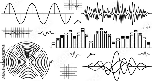 Принти на полотні Audio sound wave equalizer line icon set with music frequency signal sine wavefo