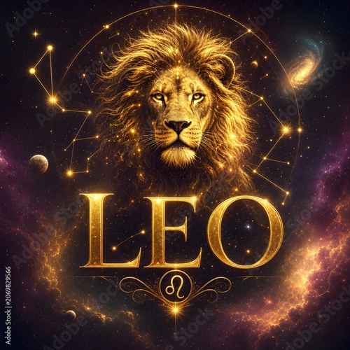 Luxury Leo Zodiac Sign Poster with Majestic Golden Lion, Cosmic Galaxy Background and Glowing Astrology Constellation. 