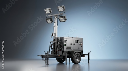 Industrial generator light tower 3D render self powered mobile illumination system onsite power generation remote construction disaster recovery deployment