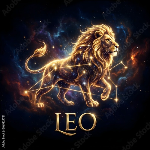 Luxury Leo Zodiac Constellation with Golden Cosmic Lion in Deep Galaxy Space Background. 