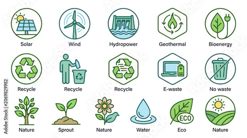 Foto Green energy and environmental conservation icon set with line art
