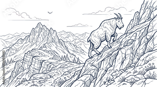Obraz na płótnie Mountain goat climbing rocky steep cliffs with scenic peak view