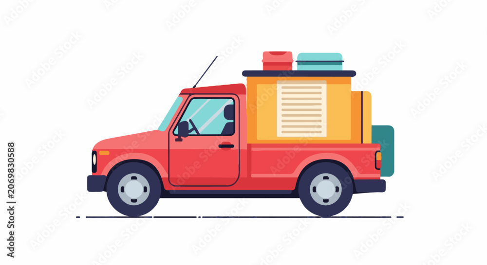 Naklejka premium A red truck loaded with luggage and boxes