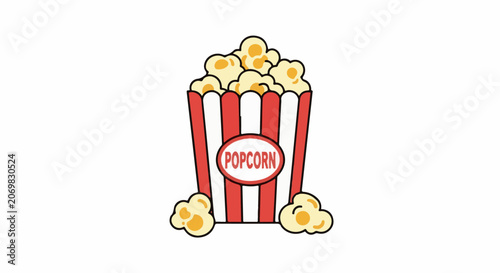 A red striped bucket filled with yellow popcorn