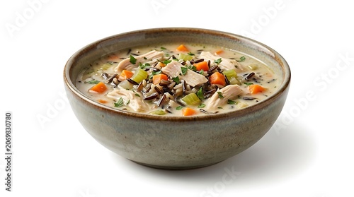A delicious bowl of creamy chicken wild rice soup served in a rustic ceramic bowl with fresh herbs, tender carrots, and celery on a clean white background.