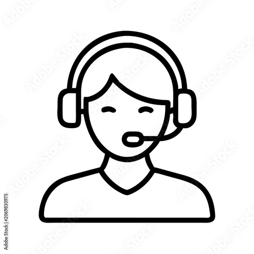 Person wearing headset talking on phone - Simple line drawing of a person with headphones and microphone, ready for a call or customer support.