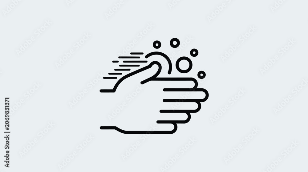Fototapeta premium Hand gesture showing washing or scrubbing movement is depicted with stylized soap bubbles and lines.