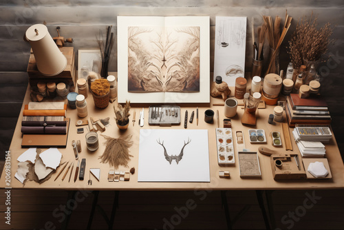 An aerial view of a creative workspace with a sketchbook and supplies (neutral color palette).