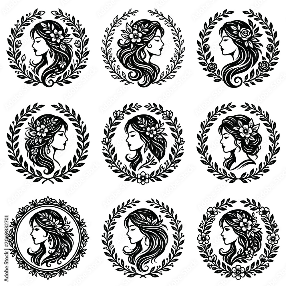 Obraz premium Woman faces with leaf wreaths.
