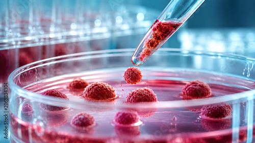 Macro laboratory scene of pipette releasing red cellular spheroid into petri dish for stem cell therapy and regenerative medicine research on cyan clinical background