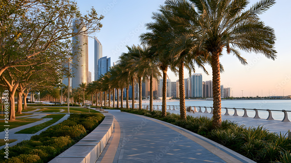 Obraz premium Scenic Palm-Lined Waterfront Pathway in Abu Dhabi During Golden Hour with Urban Skyline View
