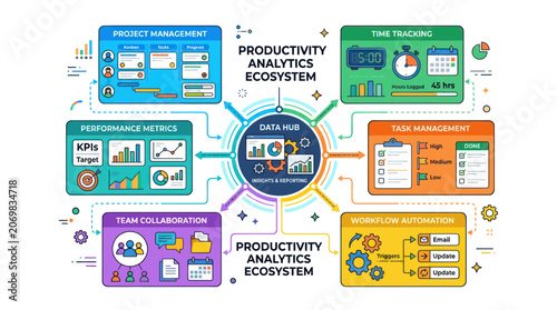Productivity Analytics Ecosystem: Data Hub, KPIs, Workflow, Time & Task Management