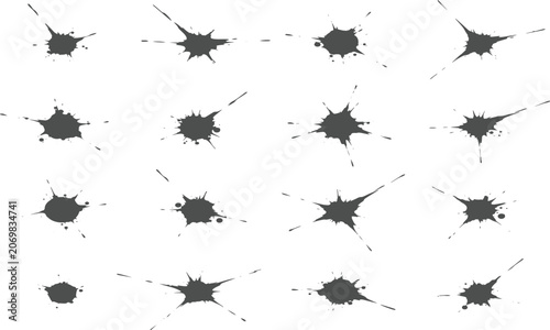 Set of dynamic black ink splatters impact paint splashes and sharp stains vector illustration background