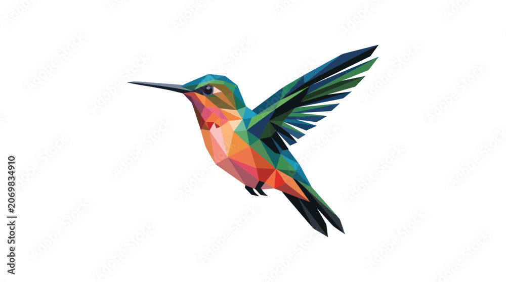 Fototapeta premium Geometric Hummingbird Flying, Low Poly Art, Colorful Bird, Vector Illustration