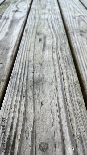 Abstract gray wood texture background with parallel line perspective. Used grey wood bench. Rustic gray wood table background with dirty spots.
