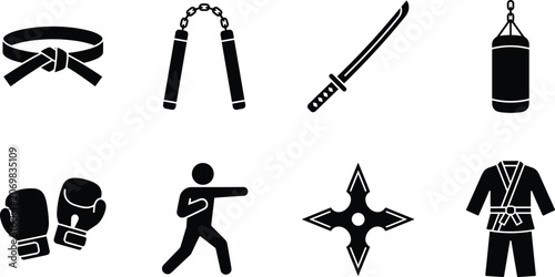 Bild auf Leinwand Martial arts combat equipment collection including belt nunchucks katana sword punching bag and boxing gloves
