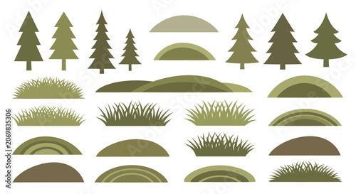 Cuadro en lienzo Collection of stylized green trees and grassy hills.