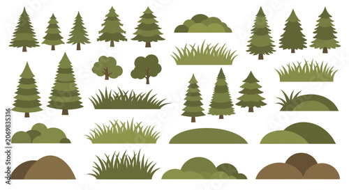 Collection of stylized green trees and grassy mounds.