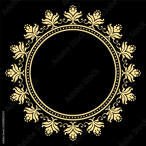 Luxury Golden Circular Frame with Elegant Vintage Damask Ornament on Black Background